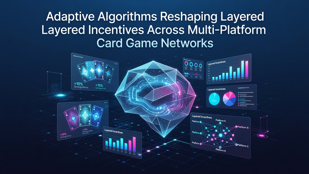 Visual representation of adaptive algorithms connecting multiple card game platforms through dynamic incentive layers and network nodes
