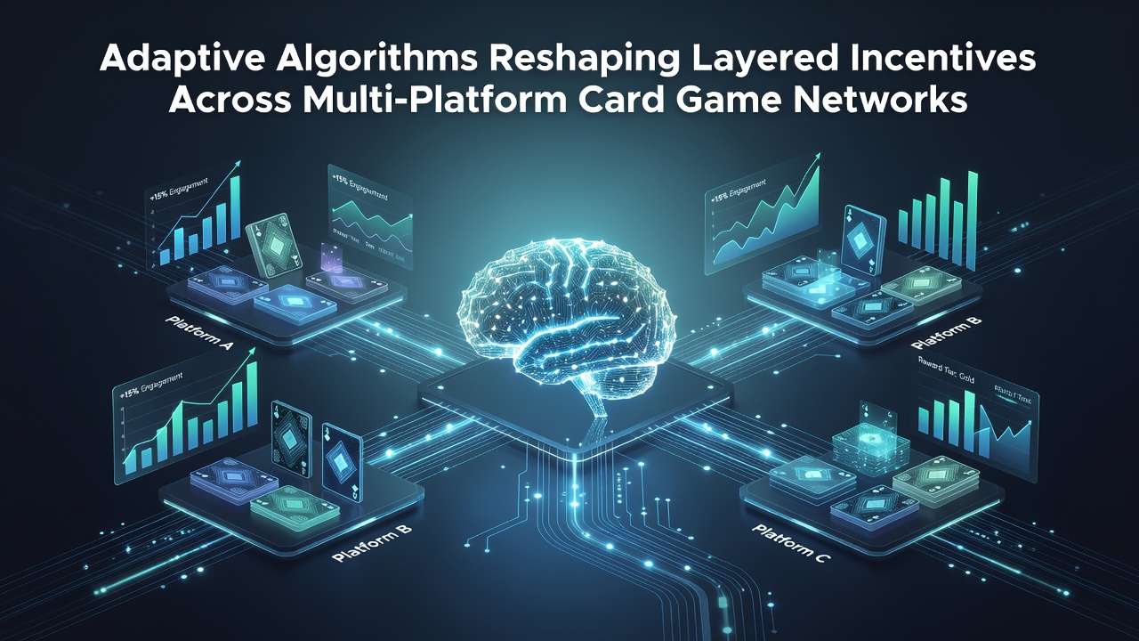 Diagram illustrating data exchange between card game platforms and algorithmic reward adjustments across regions