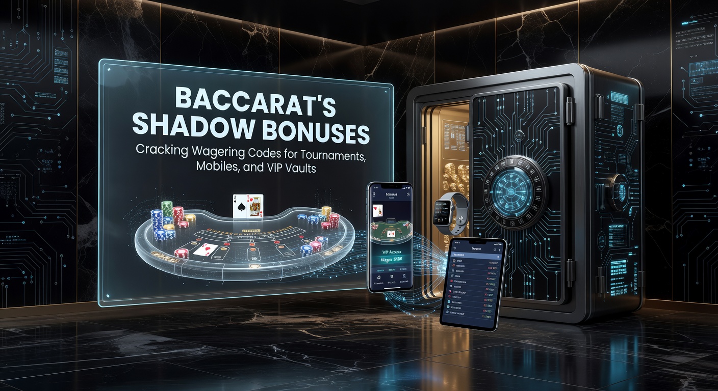 Digital illustration of a shadowy baccarat table with glowing bonus codes unlocking vaults, tournaments, and mobile screens in a casino environment