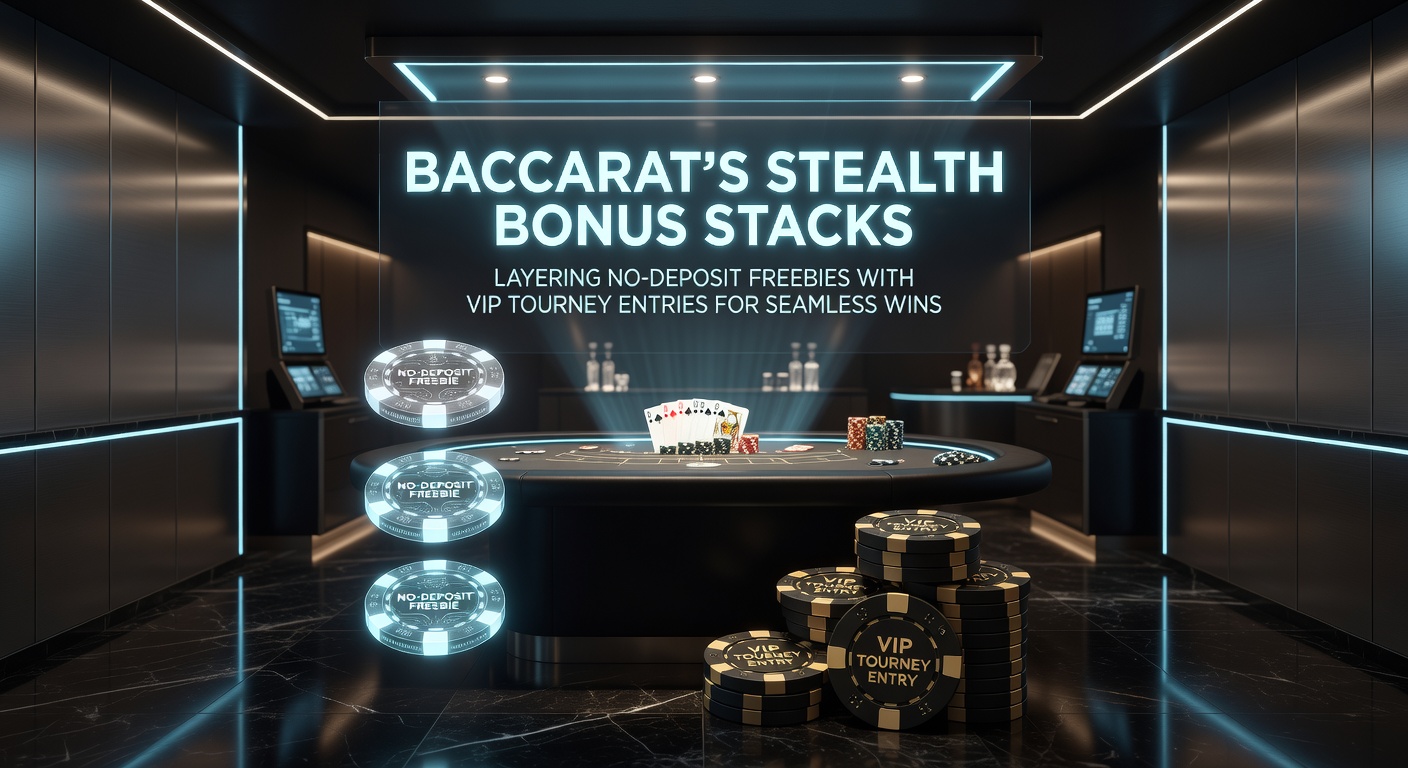Layered stacks of baccarat chips representing no-deposit bonuses intertwined with VIP tournament invitations, symbolizing strategic bonus layering in online play