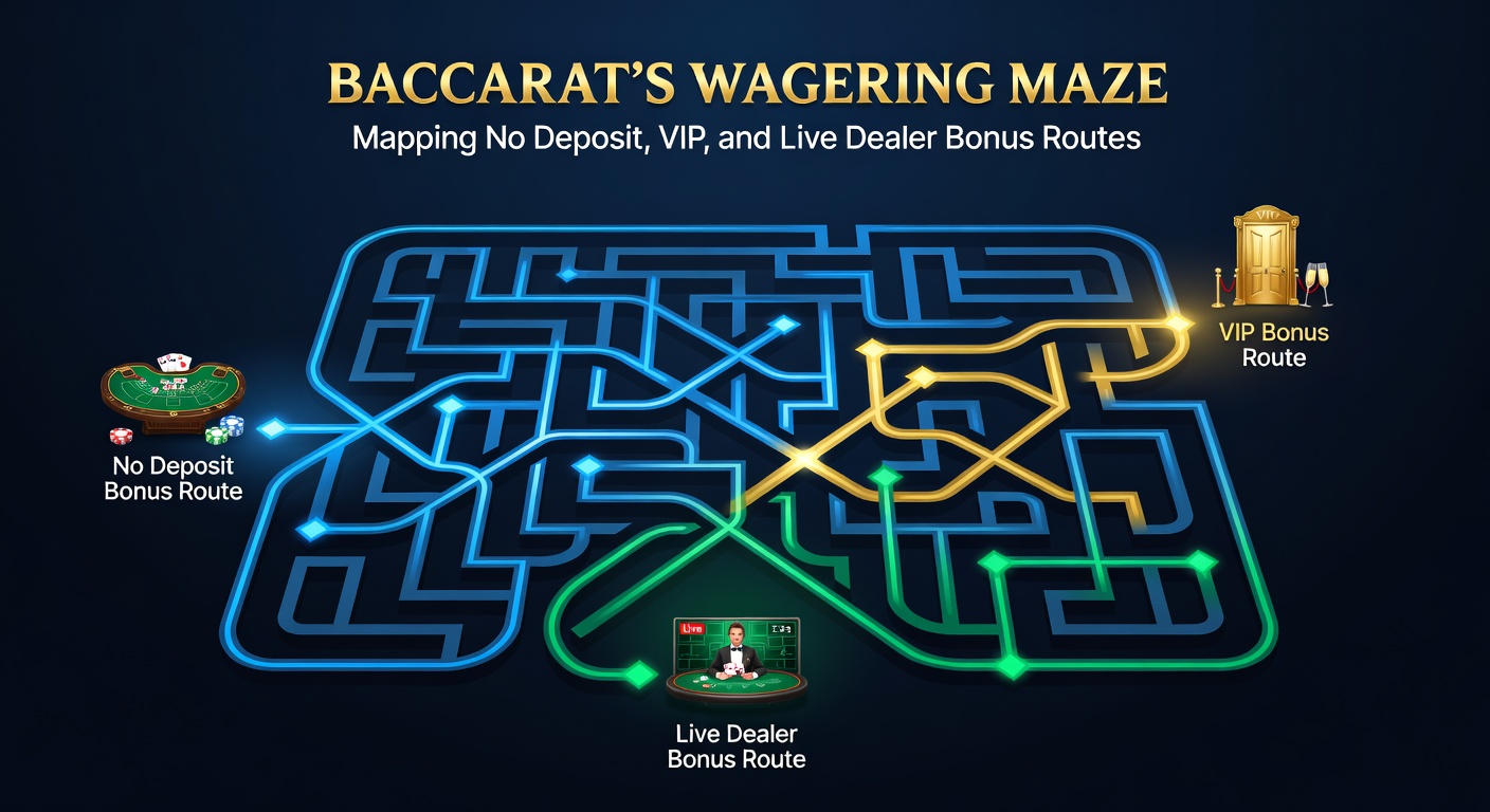 A intricate maze representing baccarat wagering paths, wth icons for no deposit bonuses, VIP tiers, and live dealer tables branching off