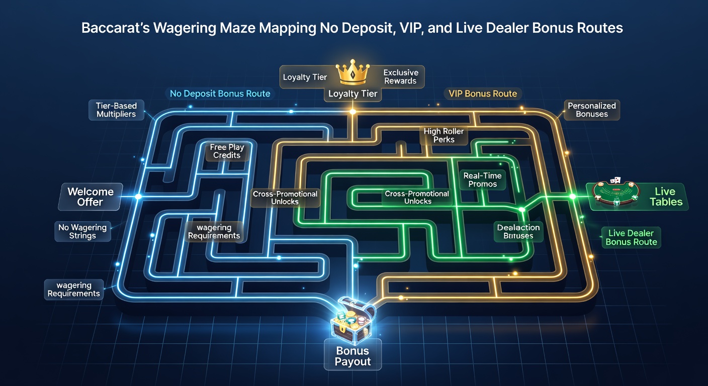 VIP lounge scene with baccarat tables, golden paths leading to bonus vaults amid high-stakes chips