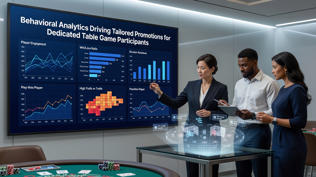 Casino floor with analysts reviewing behavioral data dashboards for table game promotions