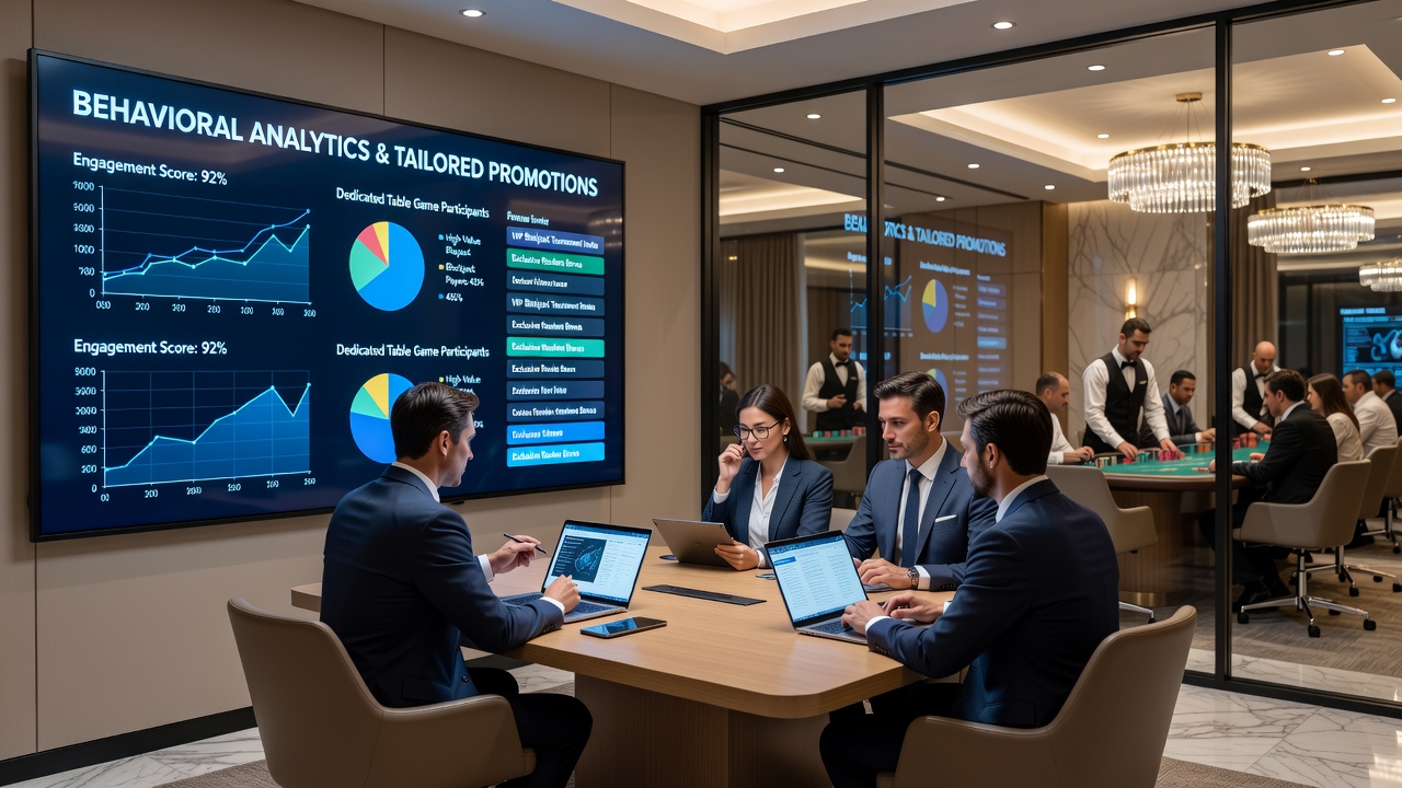 Data visualization screens displaying player segments and promotion performance metrics in a casino analytics center