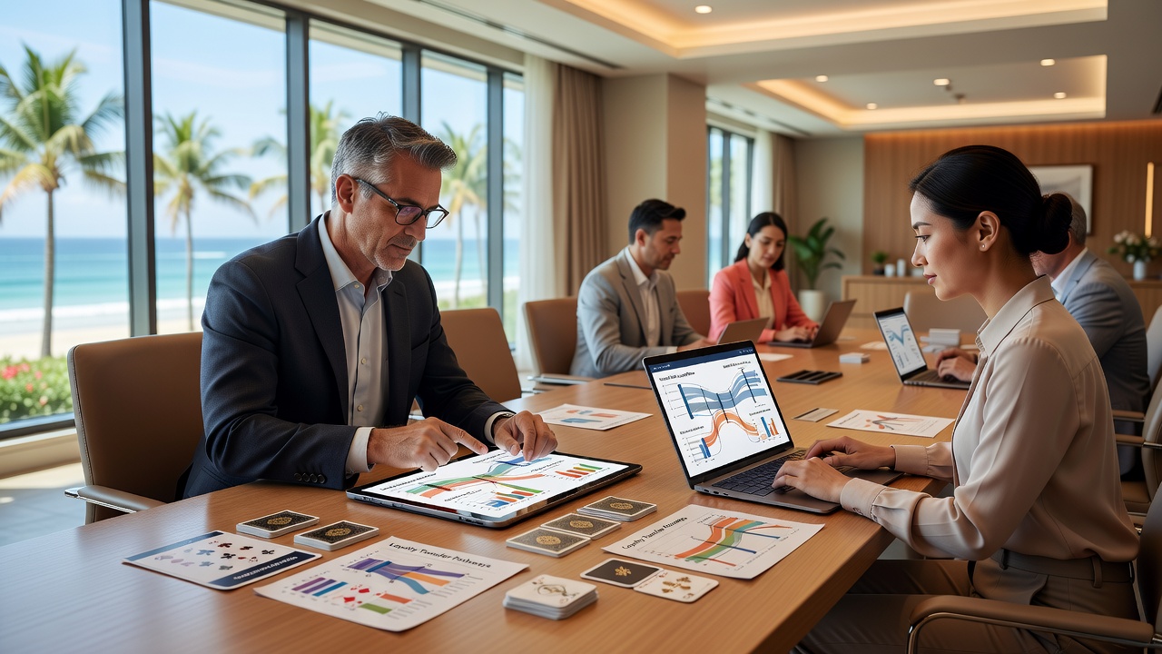 Resort event venue with card game participants checking digital loyalty balances on mobile devices