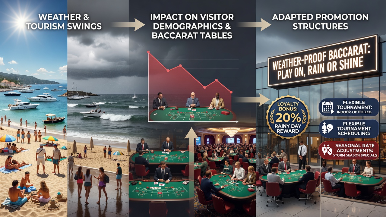 Baccarat gaming floor in a Mediterranean casino with fluctuating crowd levels linked to seasonal tourism