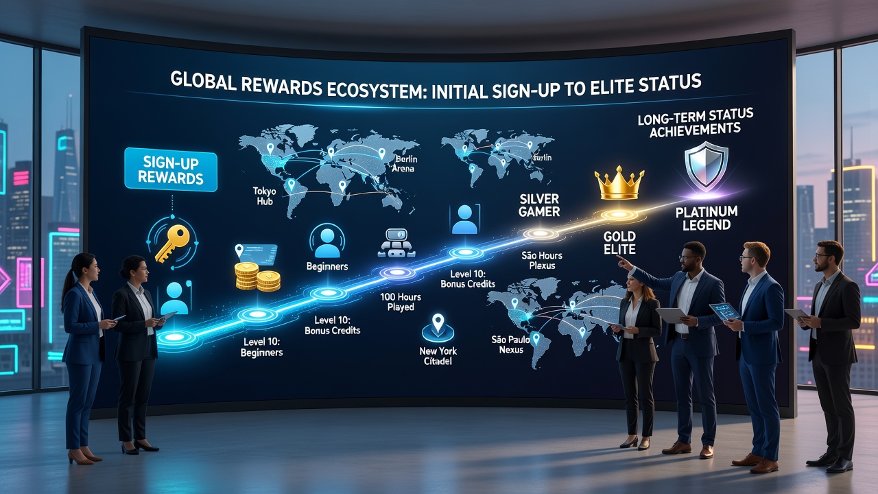 Global digital gaming interface illustrating status achievement pathways and reward linkages