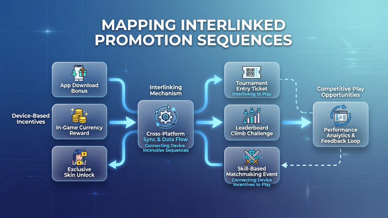 Network visualization of promotion sequences connecting mobile devices to international competitive gaming events in July 2026