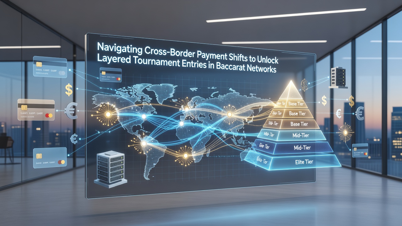Network diagram illustrating layered baccarat tournament brackets linked by cross-border payment verification nodes