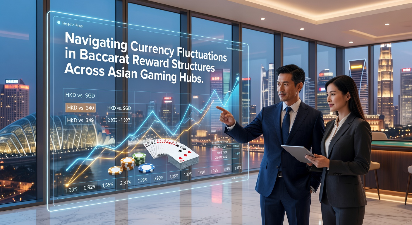 Currency charts and baccarat tables overlaid with Asian gaming hub maps showing exchange rate impacts
