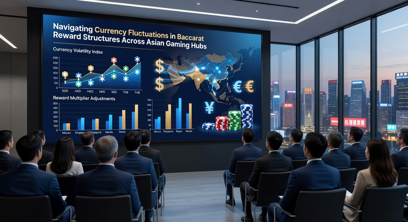 Baccarat dealer and chips with digital currency conversion displays at an Asian casino desk