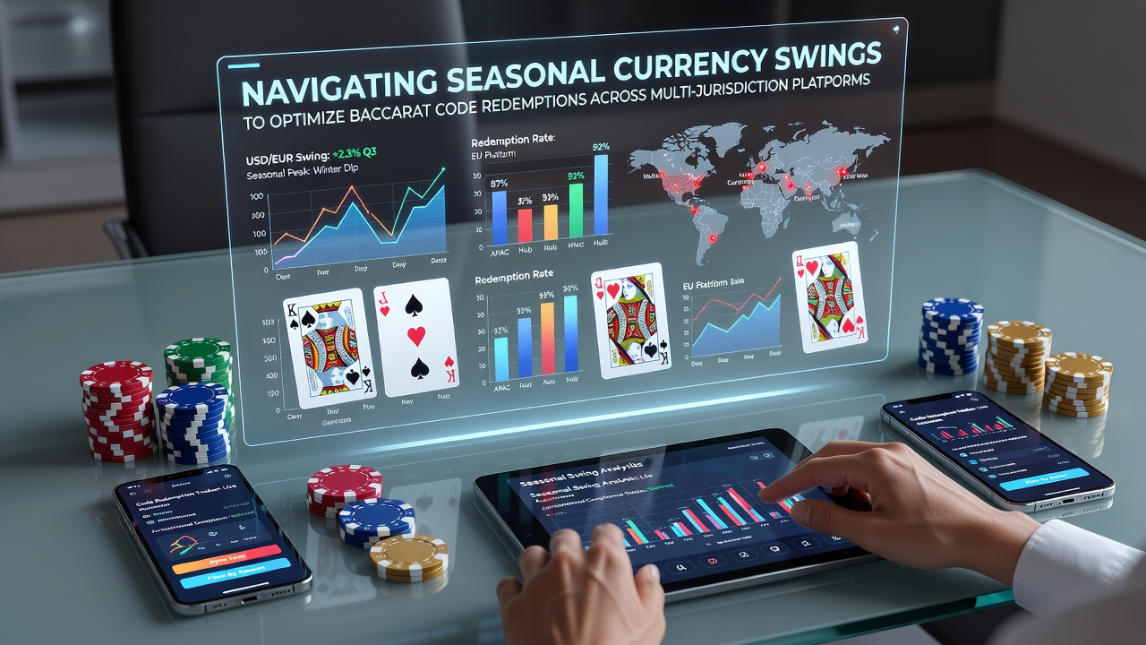 Currency charts overlaying baccarat tables in an international casino setting
