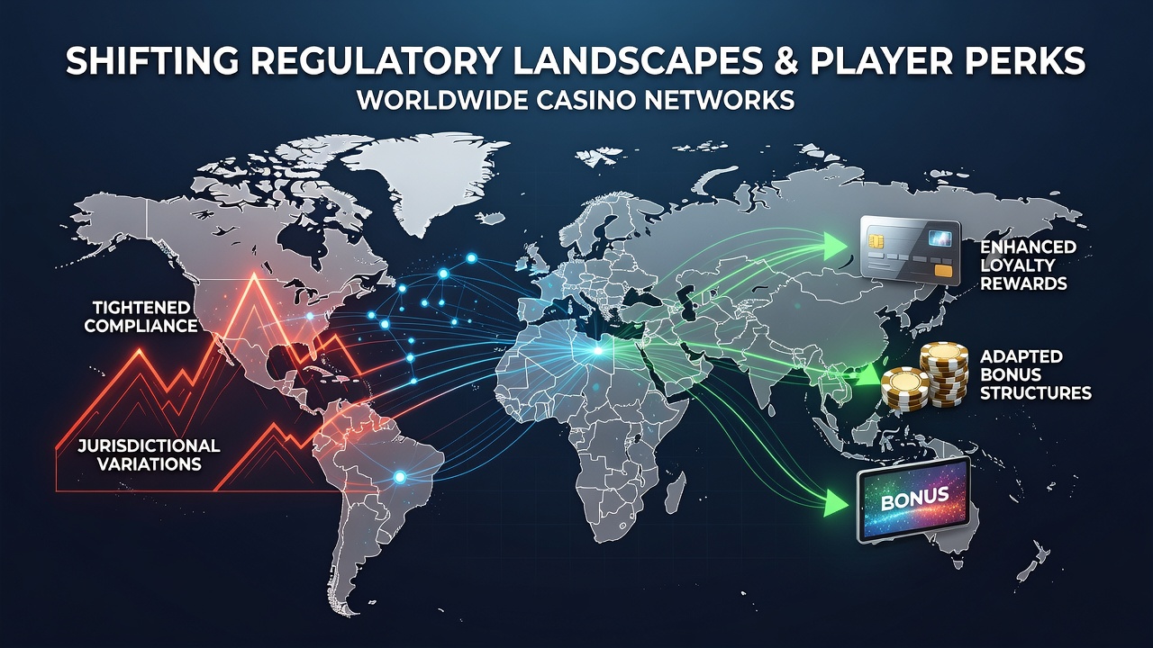 Regulatory documents and casino network diagrams illustrating global oversight changes