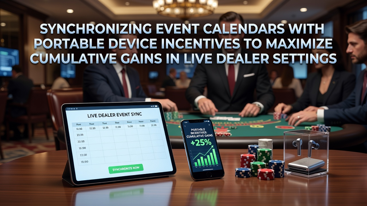 Live dealer table setup with players accessing synchronized mobile calendars and reward notifications on portable devices