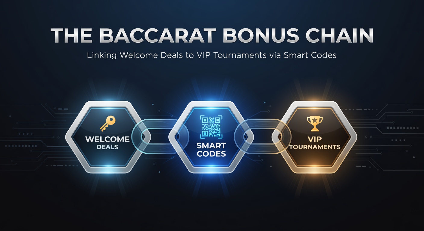 Digital illustration of interconnected golden chains linking baccarat cards, bonus chips, and VIP tournament trophies, symbolizing bonus progression pathways
