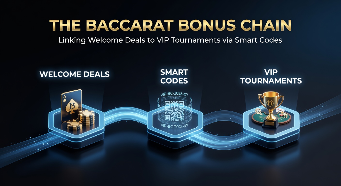 Screenshot of a mobile casino app displaying a chain of bonus codes progressing from welcome offer to VIP tournament entry, with baccarat tables and chip stacks in the background
