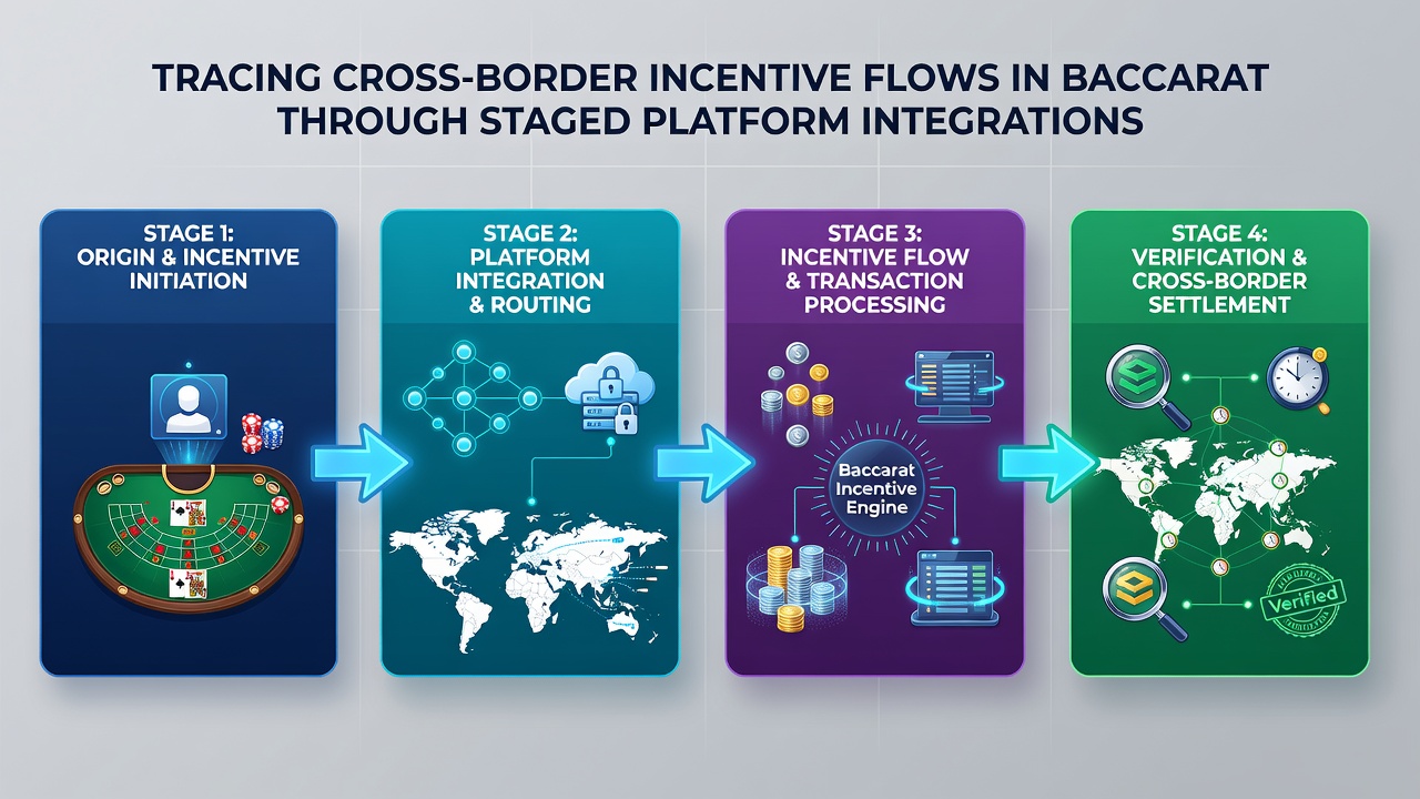 Flowchart of staged baccarat platform integrations linking mobile rewards to international tournament access